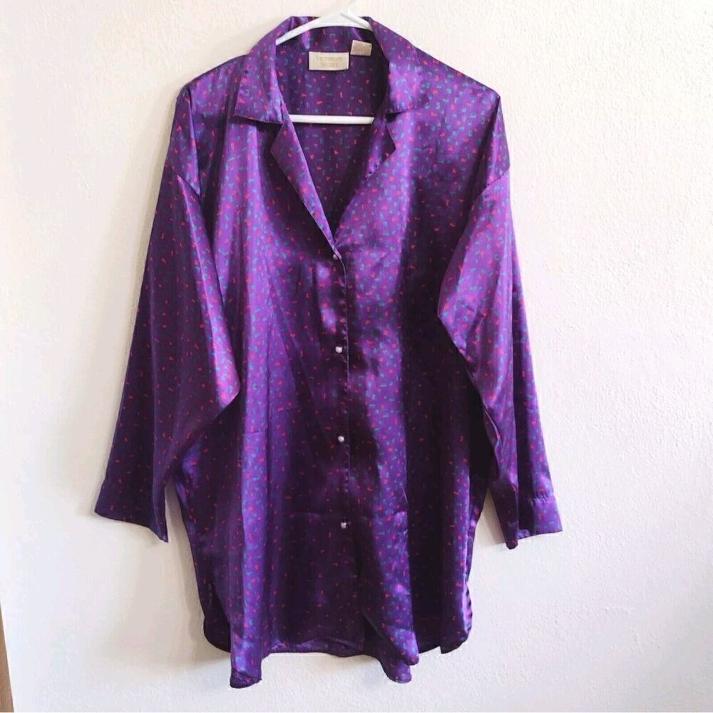 Vintage Victorias Secret Gold Label Purple Satin Top Sleep Shirt Night Gown M/L